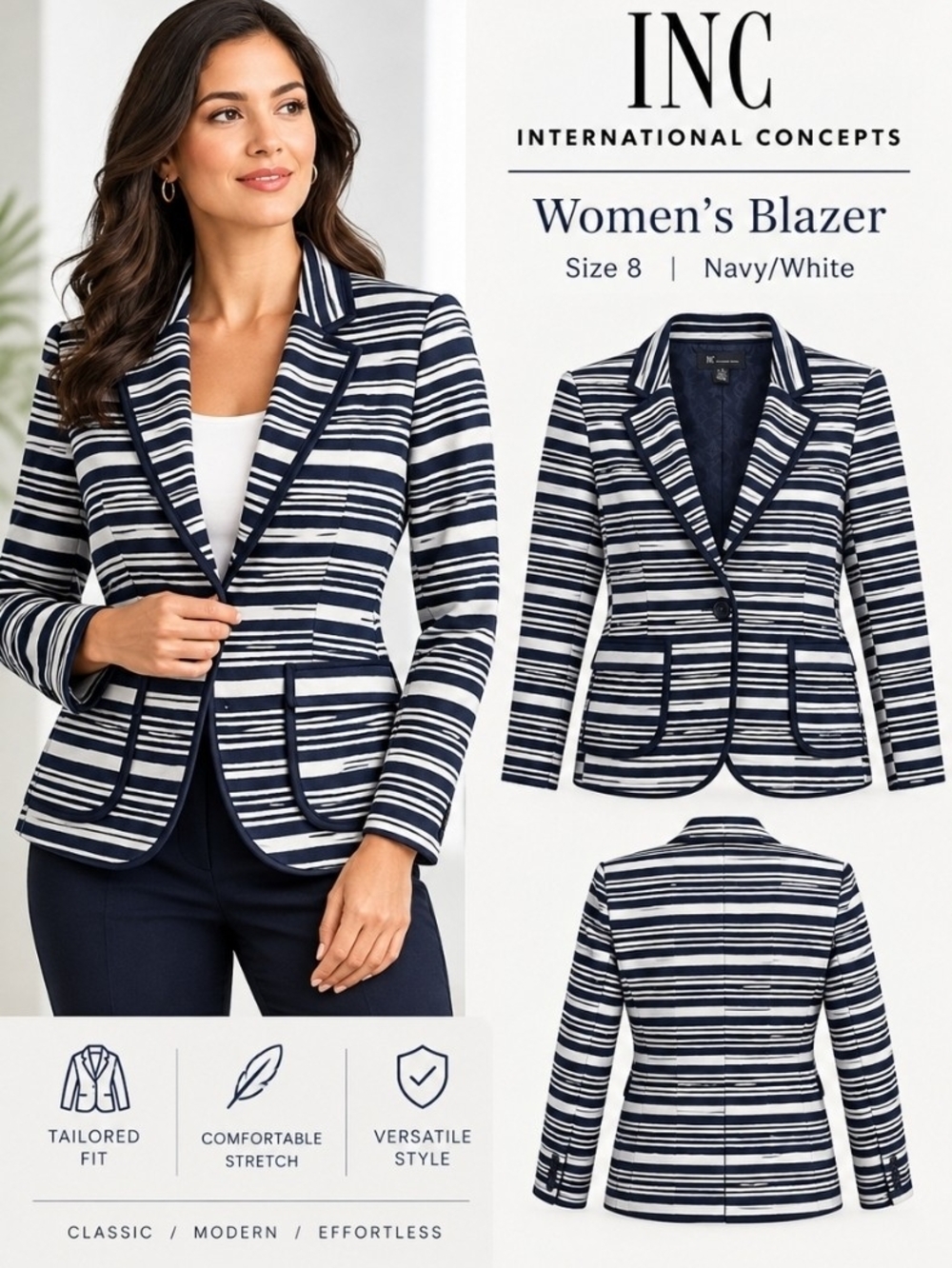 INC International Concepts Navy & White Striped Women's Blazer Size 8